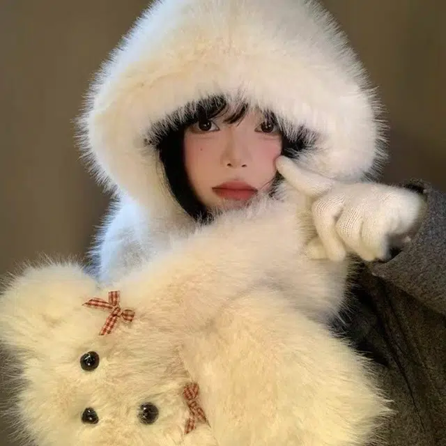浪莎 超暖和可爱蝴蝶结小狗毛绒帽女生冬季帽子围巾一体百搭防寒保暖护耳雷锋帽 涤纶 绒线帽 女款