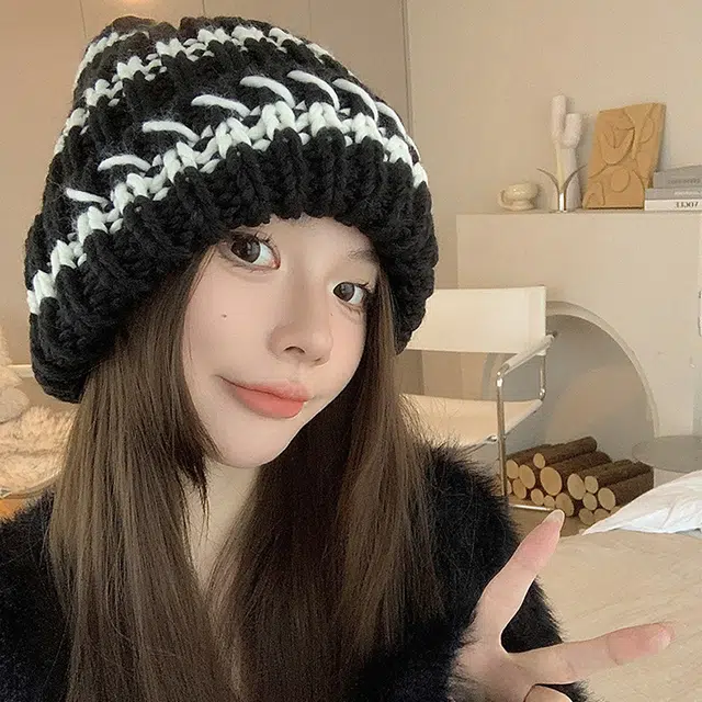 浪莎 学院风大头围粗线针织绒线帽男女情侣款百搭显脸小毛线帽冬季保暖堆堆帽 涤纶 绒线帽 男女同款情侣款