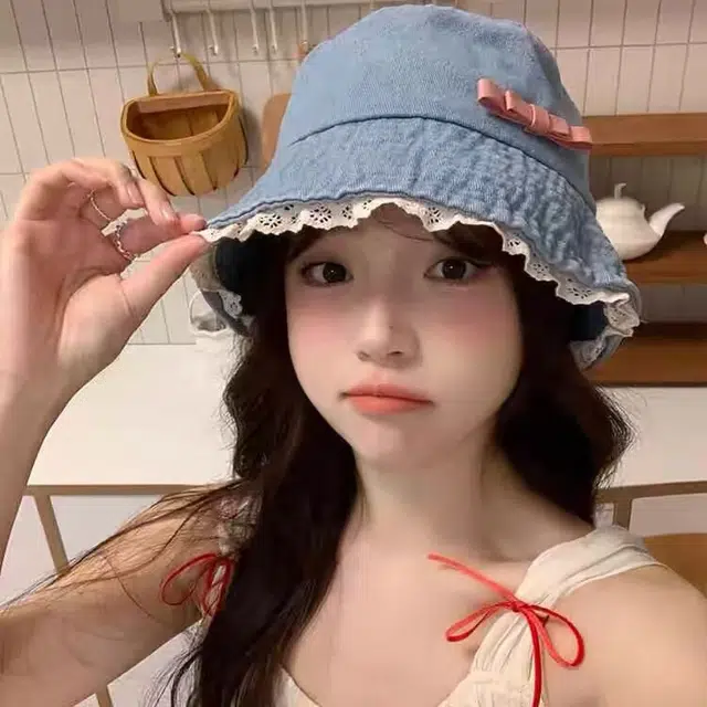浪莎 小清新蝴蝶结蕾丝边牛仔复古显脸小盆帽遮阳防晒水桶 棉 渔夫帽 女款