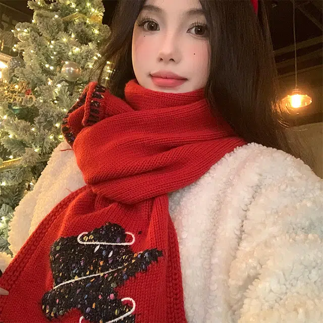 【圣诞氛围】 浪莎 圣诞星星红色针织围巾女生秋冬季保暖高级感防寒护颈围脖新年必备 礼盒装 绒线围巾 女款