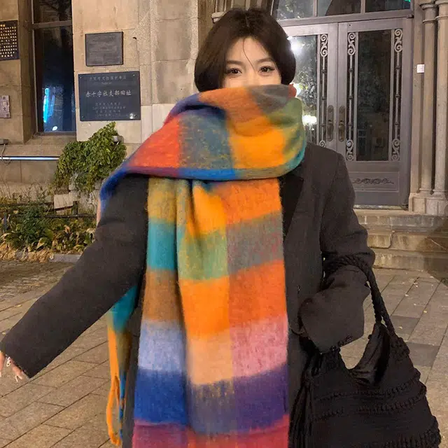 浪莎 落日黄昏 超有氛围感加厚马海毛格子彩色围礼盒装 聚酯纤维 绒线围巾 男女同款情侣款