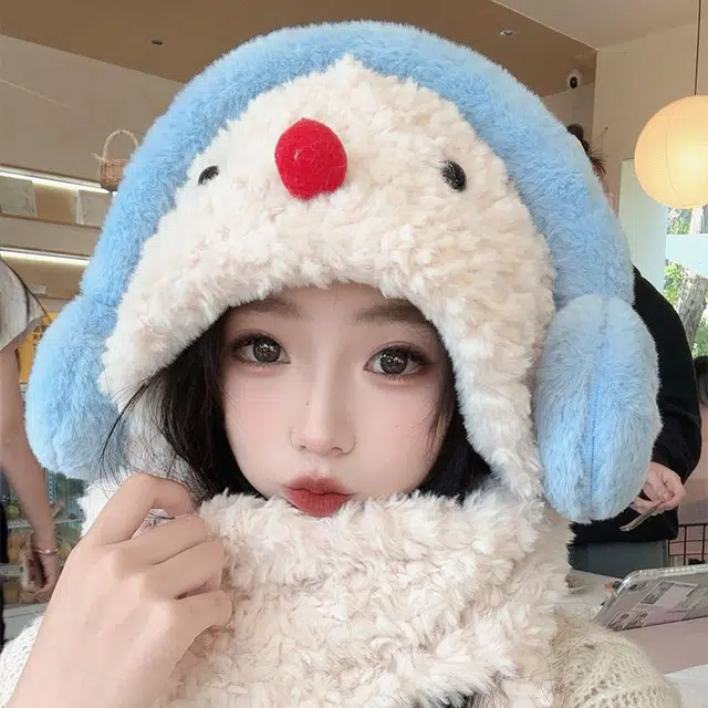 【暖冬力荐】 浪莎 可爱红鼻子小雪人羊羔绒帽子女生学生冬季围巾手套加厚保暖三件套绒线帽 涤纶 绒线帽 女款