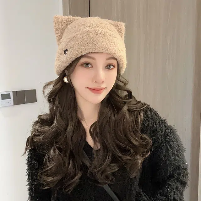 浪莎 冬季针织帽子女生可爱猫耳朵爱心刺绣毛线帽大头围显脸小保暖护耳帽 涤纶 绒线帽 女款