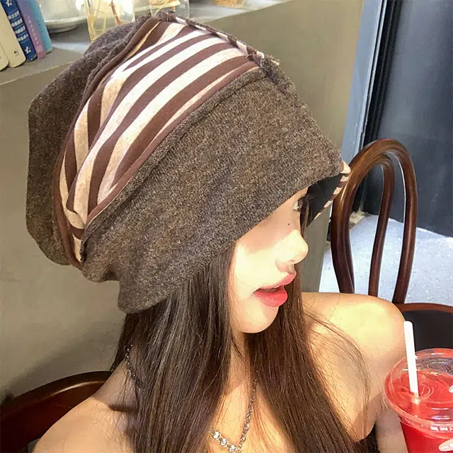 浪莎 冷帽高级感条纹拼色保暖针织帽小众设计显脸小堆堆帽 棉  绒线帽 男女同款情侣款