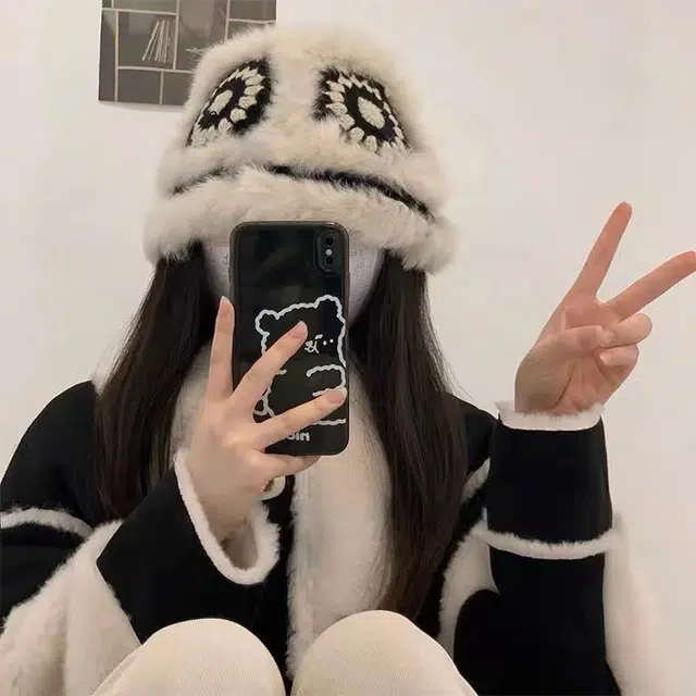 浪莎 国潮兔毛醒狮帽毛绒帽子女款冬季季可爱毛茸茸虎头帽中国风氛围感针织渔夫帽 兔毛 绒线帽 女款