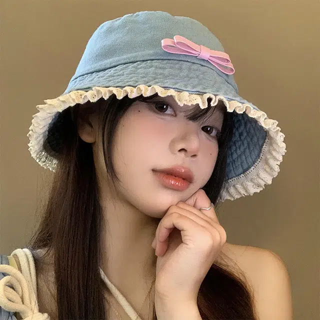 浪莎 小清新蝴蝶结蕾丝边牛仔复古显脸小盆帽遮阳防晒水桶 棉 渔夫帽 女款