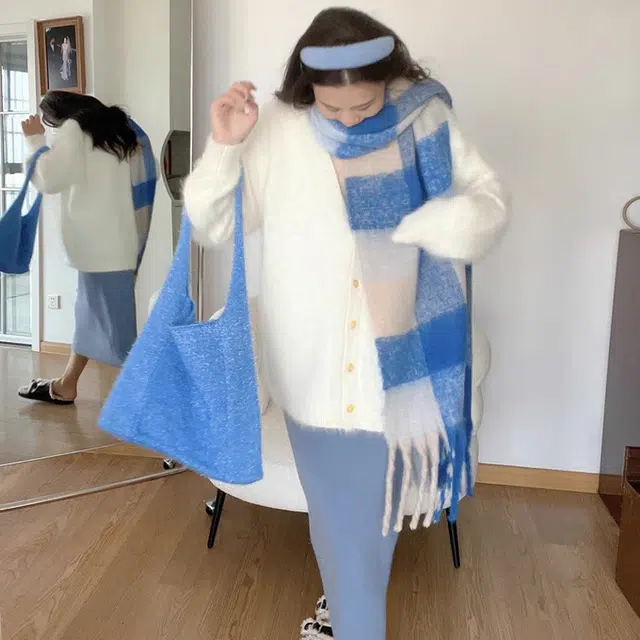 浪莎 奶油格子学院风百搭显白加厚保暖 礼盒装 聚酯纤维 绒线围巾 男女同款情侣款