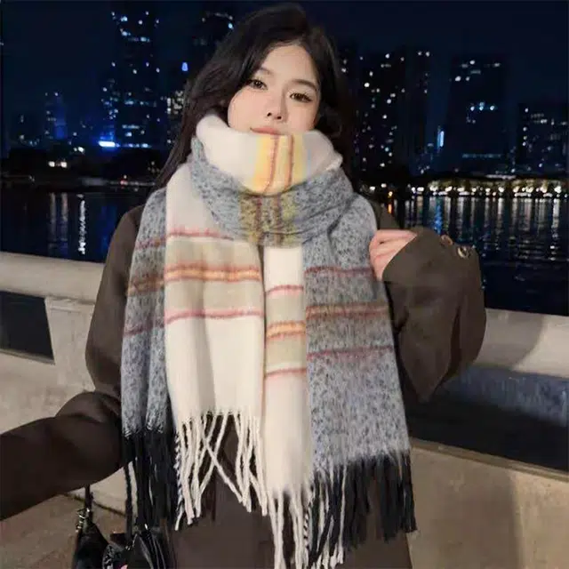 浪莎 多巴胺彩虹高级感围巾冬季蓬松马海毛大拉毛披肩加厚保暖围脖 男女同款情侣款 礼盒装 绒线围巾 男女同款情侣款