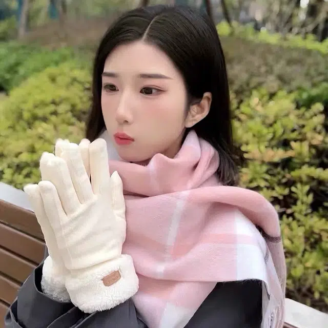 【精选羊毛】 浪莎 粉色系冬季羊毛围巾保暖女士围脖百搭拼色韩系小众高级感格子围巾 礼盒装 绒线围巾 女款