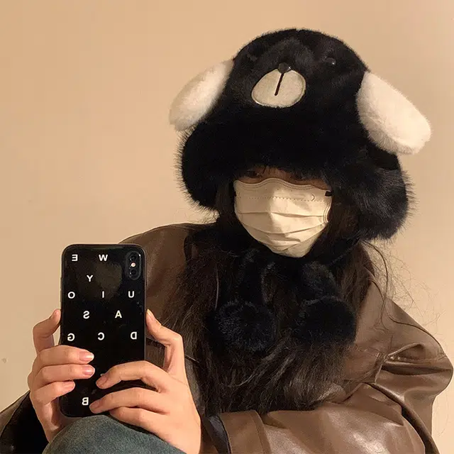 浪莎 可爱小熊耳朵毛绒绒雷锋帽子女生冬季显脸小加绒厚保暖防寒护耳绒线帽 涤纶 绒线帽 女款
