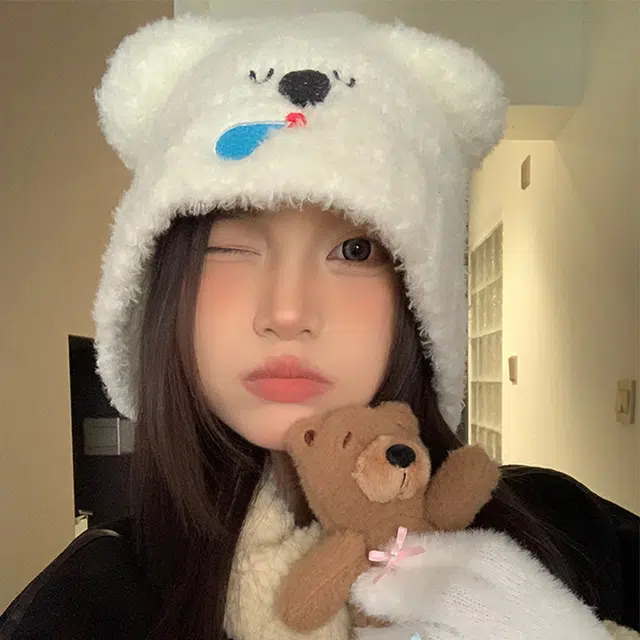 浪莎 可爱鼻涕小熊系带显脸小软糯保暖毛茸茸护耳 涤纶 绒线帽 男女同款情侣款