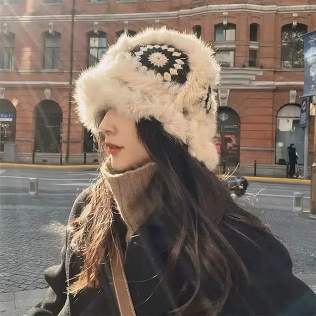 浪莎 国潮兔毛醒狮帽毛绒帽子女款冬季季可爱毛茸茸虎头帽中国风氛围感针织渔夫帽 兔毛 绒线帽 女款