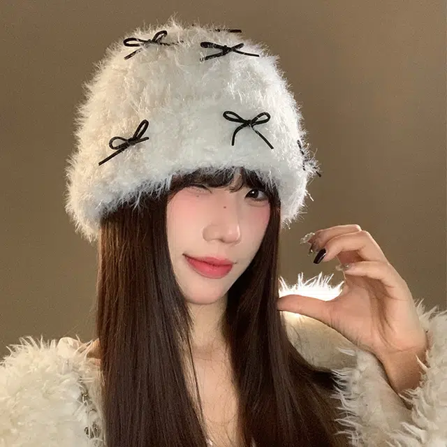 浪莎 甜美蝴蝶结加厚保暖护耳针织大头围显脸小 棉 绒线帽 男女同款情侣款