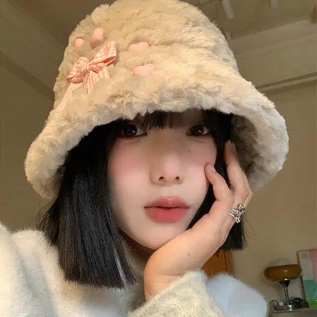 浪莎 软软糯糯百搭蝴蝶结星星毛绒渔夫帽女生可爱百搭保暖加厚显脸小盆帽 涤纶 渔夫帽 女款