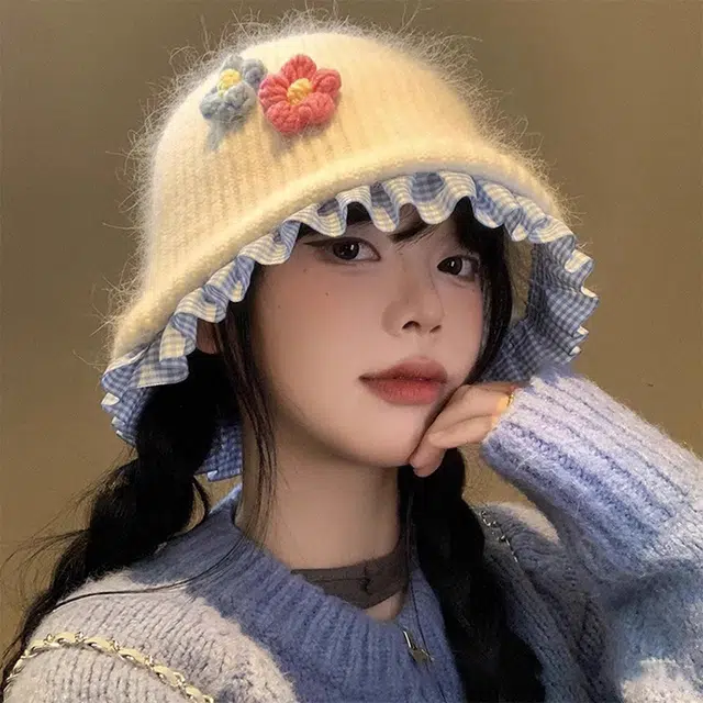 浪莎 温柔甜美花朵保暖百搭格子花边 獭兔毛 绒线帽 女款