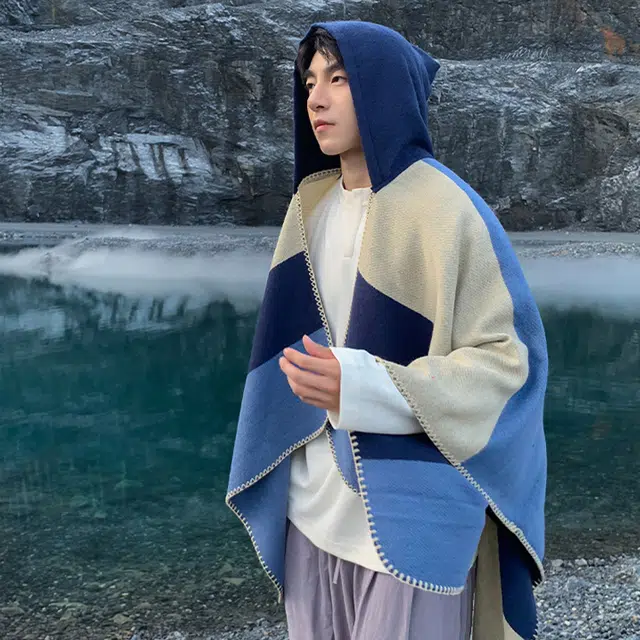 浪莎 拼色条纹连帽斗篷披肩民族风旅游外搭保暖高级感围巾 男女同款情侣款 礼盒装 披肩 男女同款情侣款
