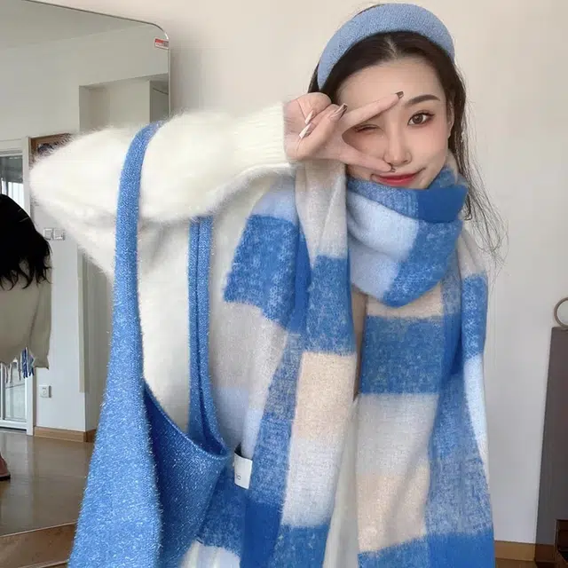 浪莎 奶油格子学院风百搭显白加厚保暖 礼盒装 聚酯纤维 绒线围巾 男女同款情侣款