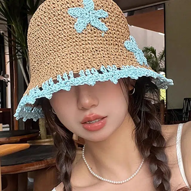 浪莎 小清新手工花朵户外骑车出行遮脸沙滩度假遮阳编织 草编 防晒帽 女款