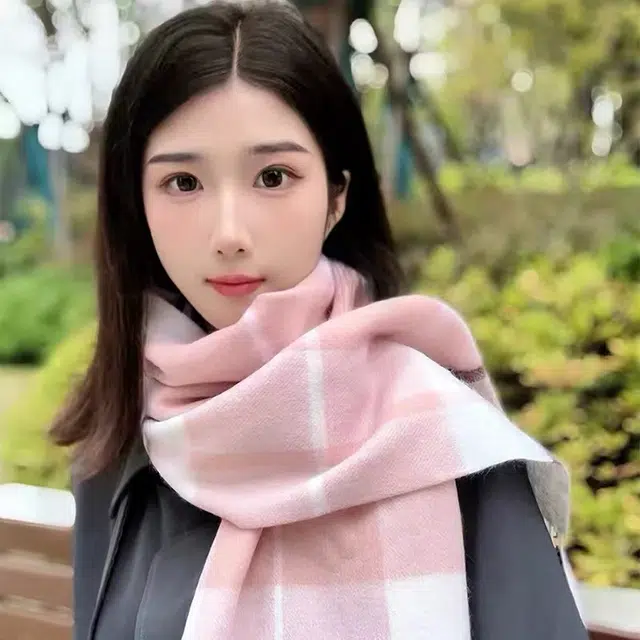【精选羊毛】 浪莎 粉色系冬季羊毛围巾保暖女士围脖百搭拼色韩系小众高级感格子围巾 礼盒装 绒线围巾 女款