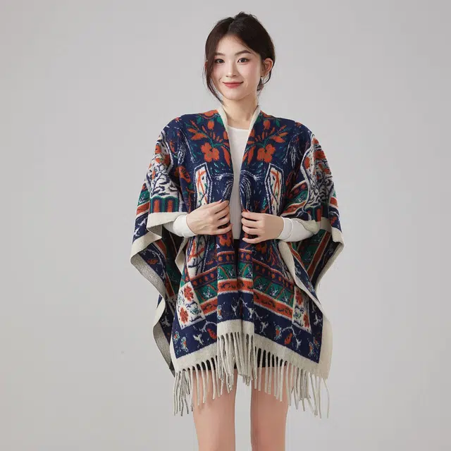 浪莎 双面繁花图腾外搭复古风高级感保暖流苏 聚酯纤维 披肩 女款
