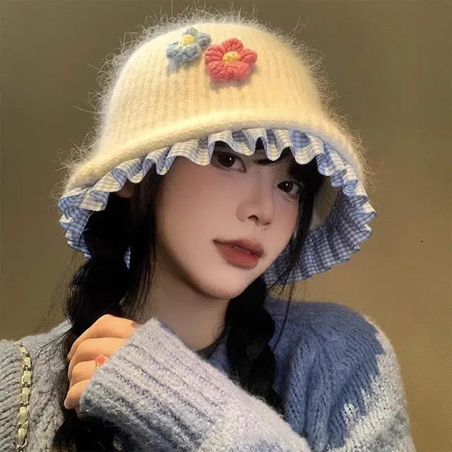 浪莎 温柔甜美花朵保暖百搭格子花边 獭兔毛 绒线帽 女款