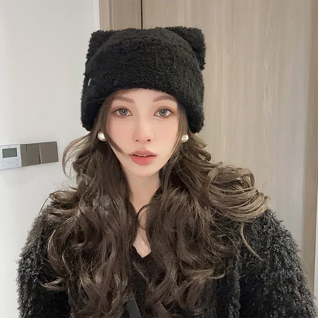浪莎 冬季针织帽子女生可爱猫耳朵爱心刺绣毛线帽大头围显脸小保暖护耳帽 涤纶 绒线帽 女款