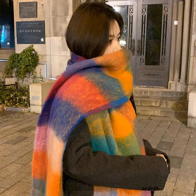 浪莎 落日黄昏 超有氛围感加厚马海毛格子彩色围礼盒装 聚酯纤维 绒线围巾 男女同款情侣款
