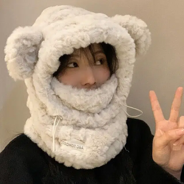 浪莎 可爱毛绒小熊护耳绒线帽女生冬季加厚加绒滑雪防寒口罩骑车通勤保暖雷锋帽 涤纶 绒线帽 男女同款情侣款