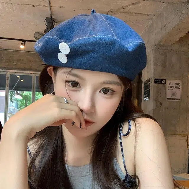 浪莎 甜美纽扣牛仔韩版蓓蕾画家大头围显脸小云朵 棉 贝雷帽 女款