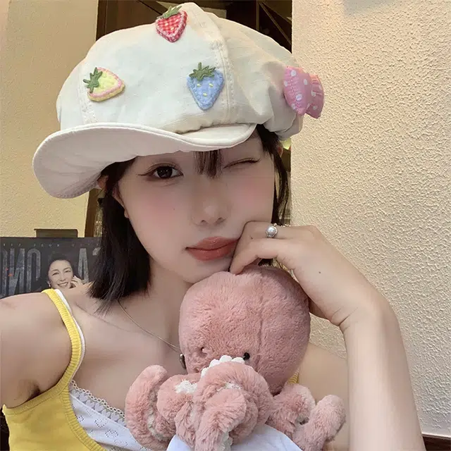 浪莎 甜妹草莓蝴蝶结大头围云朵显脸小 棉 贝雷帽 女款