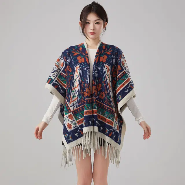 浪莎 双面繁花图腾外搭复古风高级感保暖流苏 聚酯纤维 披肩 女款