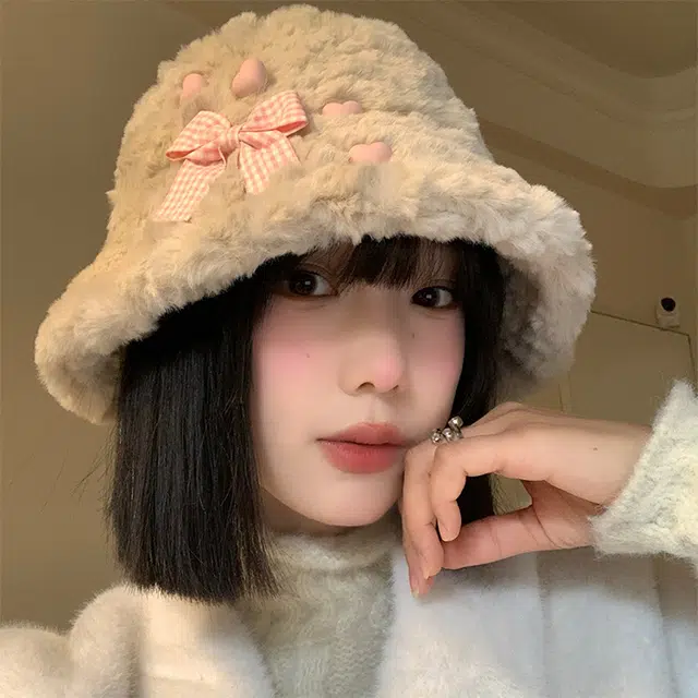 浪莎 软软糯糯百搭蝴蝶结星星毛绒渔夫帽女生可爱百搭保暖加厚显脸小盆帽 涤纶 渔夫帽 女款