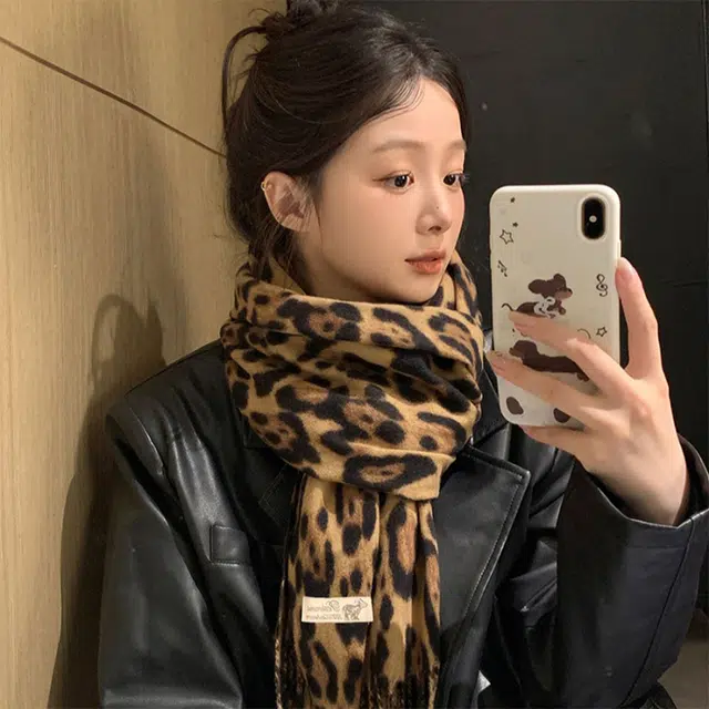浪莎 甜酷风复古豹纹流苏绒线围巾男女情侣款千禧辣妹风秋冬加厚保暖披肩围脖 礼盒装 绒线围巾 男女同款情侣款