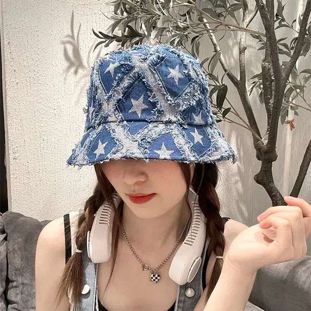 浪莎 秋季五角星毛边牛仔户外街头盆帽可折叠遮阳帽 棉 渔夫帽 男女同款情侣款