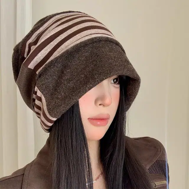 浪莎 冷帽高级感条纹拼色保暖针织帽小众设计显脸小堆堆帽 棉  绒线帽 男女同款情侣款