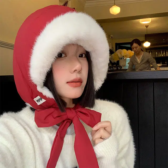 浪莎 韩系冬季百搭红色蝴蝶结雷锋帽女生显脸小保暖护耳防寒毛绒帽 涤纶 绒线帽 女款