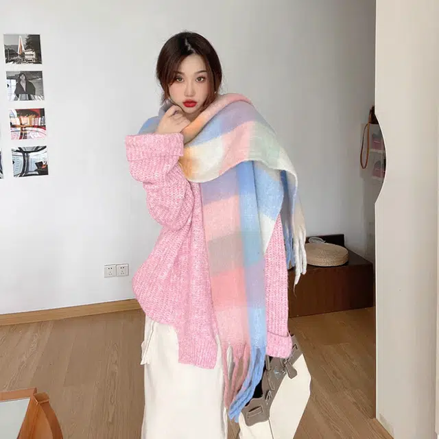 浪莎 软糯粉白 显白出片有氛围 加厚马海毛格子 礼盒装 聚酯纤维 绒线围巾 男女同款情侣款