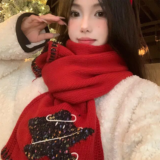 【圣诞氛围】 浪莎 圣诞星星红色针织围巾女生秋冬季保暖高级感防寒护颈围脖新年必备 礼盒装 绒线围巾 女款