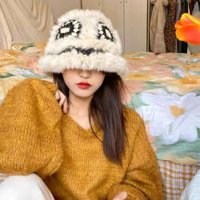 浪莎 国潮兔毛醒狮帽毛绒帽子女款冬季季可爱毛茸茸虎头帽中国风氛围感针织渔夫帽 兔毛 绒线帽 女款