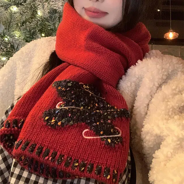 【圣诞氛围】 浪莎 圣诞星星红色针织围巾女生秋冬季保暖高级感防寒护颈围脖新年必备 礼盒装 绒线围巾 女款