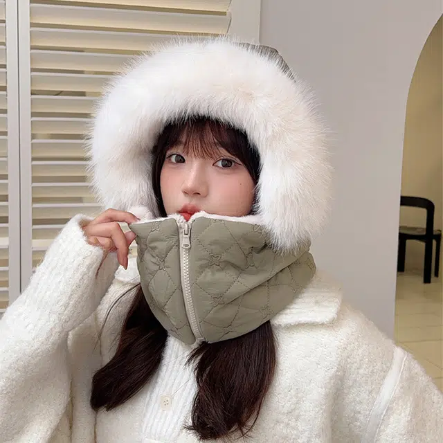 浪莎 加厚加绒保暖护耳雷锋帽子女生冬季防风防寒围脖一体帽骑车羽绒棉帽 涤纶 绒线帽 女款
