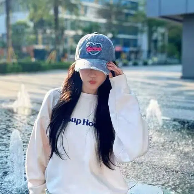 浪莎 春夏季爱心水洗做旧牛仔刺绣棒球帽户外出行甜酷辣妹防晒遮阳时尚潮流百搭大头围显脸小 棉 鸭舌帽 男女同款情侣款