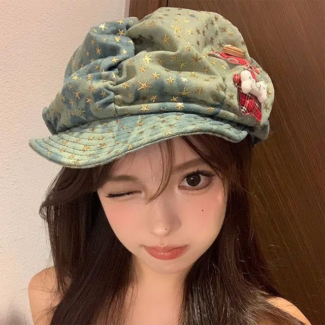 浪莎 日系甜妹爱心出行防晒遮阳百搭大头围显脸小薄款透气 牛仔布 贝雷帽 女款