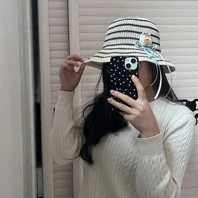 浪莎 甜美可爱蝴蝶结小熊条纹春夏季户外出游防晒遮阳透气百搭显脸小盆帽 腈纶 渔夫帽 男女同款情侣款
