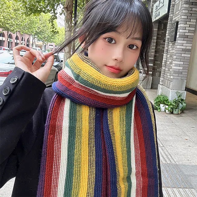 【个性撞色】 浪莎 彩虹岛屿氛围感针织撞色围巾冬季保暖加厚百搭毛线围脖加厚 男女同款情侣款 绒线围巾 男女同款情侣款