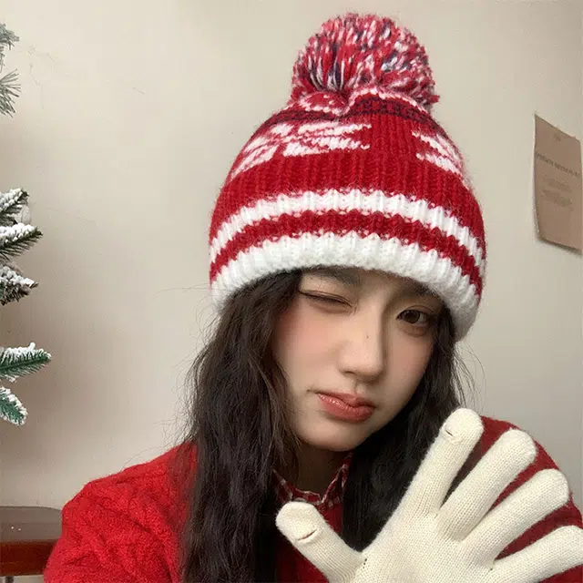 【圣诞氛围】 浪莎 费尔岛风冬季提花针织毛线帽子女生显脸小加厚保暖护耳冷帽绒线帽 涤纶 绒线帽 男女同款情侣款