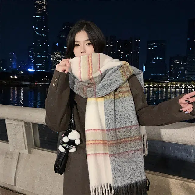 浪莎 多巴胺彩虹高级感围巾冬季蓬松马海毛大拉毛披肩加厚保暖围脖 男女同款情侣款 礼盒装 绒线围巾 男女同款情侣款