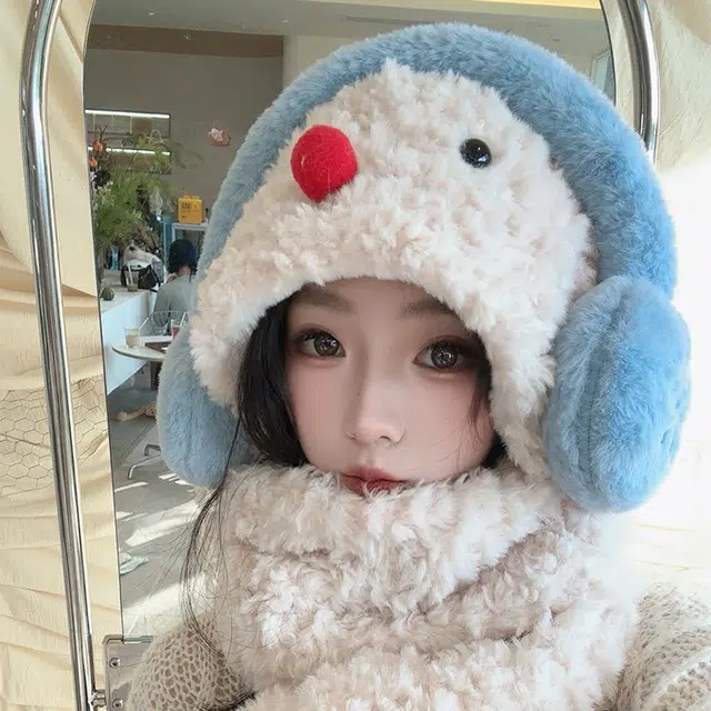 【暖冬力荐】 浪莎 可爱红鼻子小雪人羊羔绒帽子女生学生冬季围巾手套加厚保暖三件套绒线帽 涤纶 绒线帽 女款