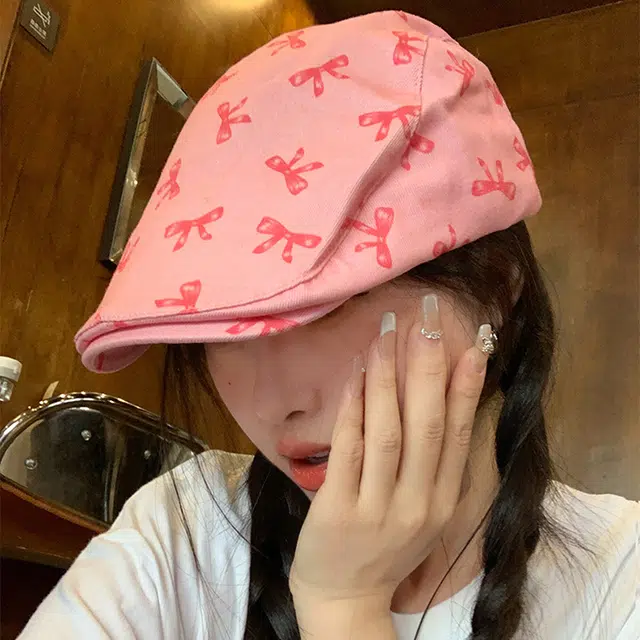 浪莎 甜酷蝴蝶结前进帽子 夏季 显脸小鸭舌帽出游拍照可爱遮阳帽 棉 贝雷帽 女款