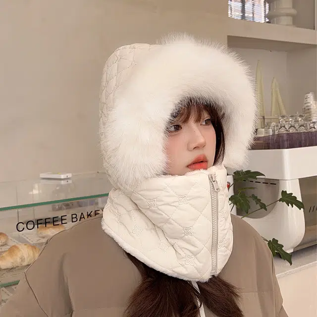 浪莎 加厚加绒保暖护耳雷锋帽子女生冬季防风防寒围脖一体帽骑车羽绒棉帽 涤纶 绒线帽 女款